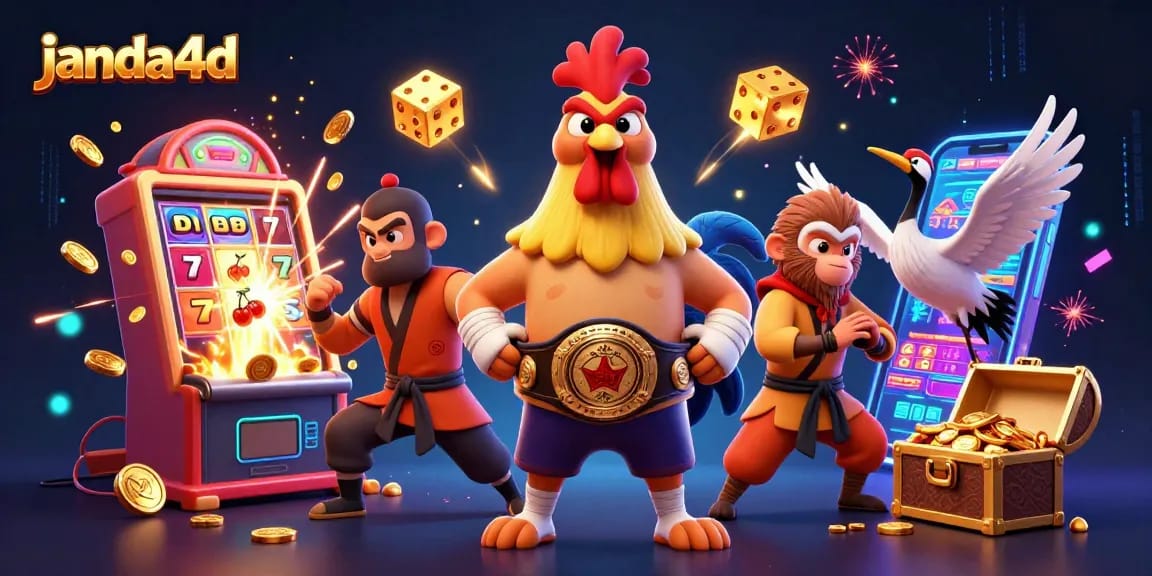 Janda4d menampilkan ilustrasi kasino yang dinamis dengan karakter ayam Muay Thai dan simbol slot di latar belakang.