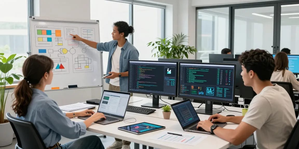 Team collaborating on ai detector software in a modern office workspace