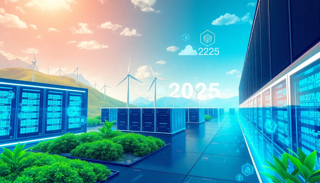 Crypto cloud mining technology in a modern, eco-friendly setting showcasing renewable energy sources.