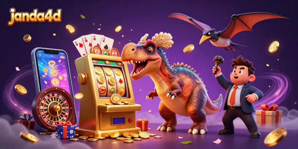 janda4d menampilkan dinosaurus kartun yang beraksi di kasino dengan mesin slot berkilau dan koin emas yang terbang