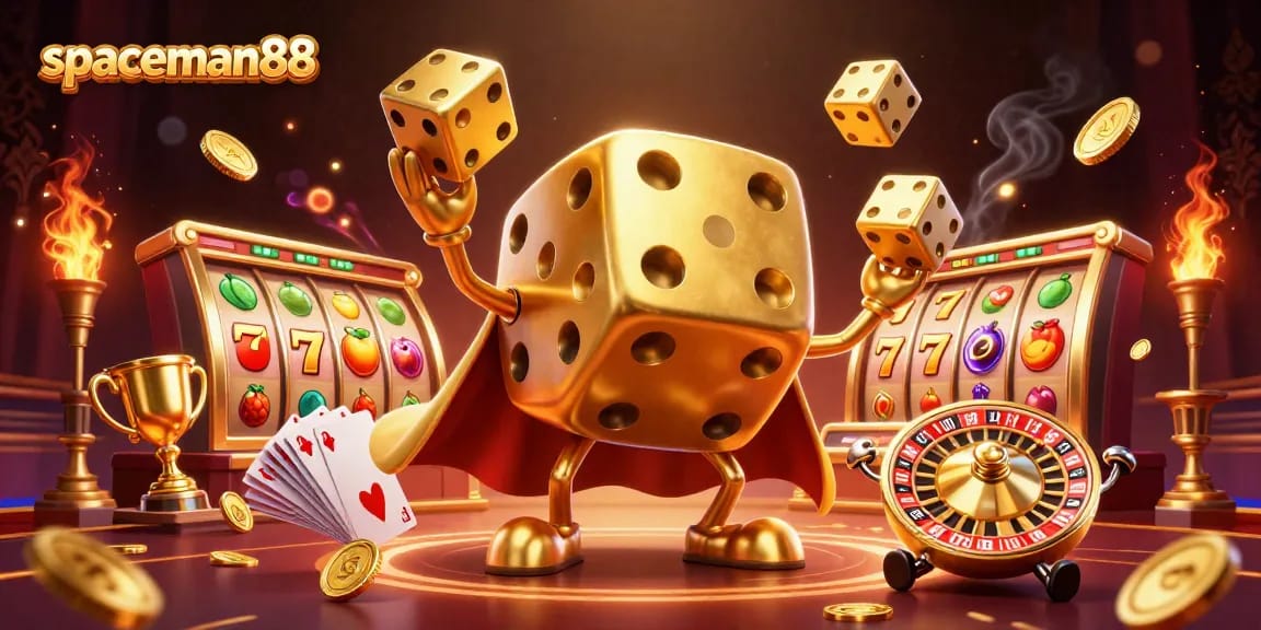 Experience dynamic wins with spaceman88, featuring a vibrant slot scene of spinning reels and golden dice.