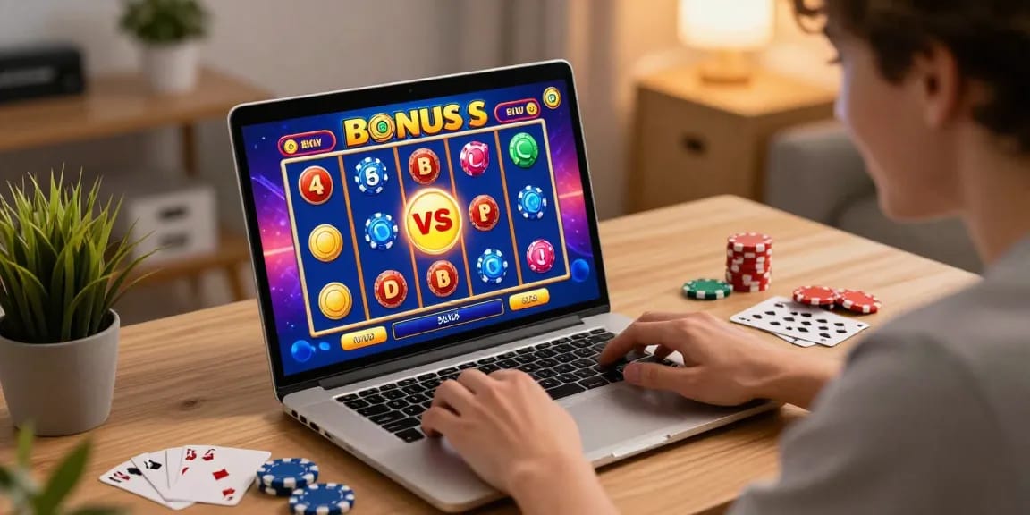 Excited player enjoying Bonus Buy Slots at https://thekingarthur.co.uk/ in a vibrant home office setting.