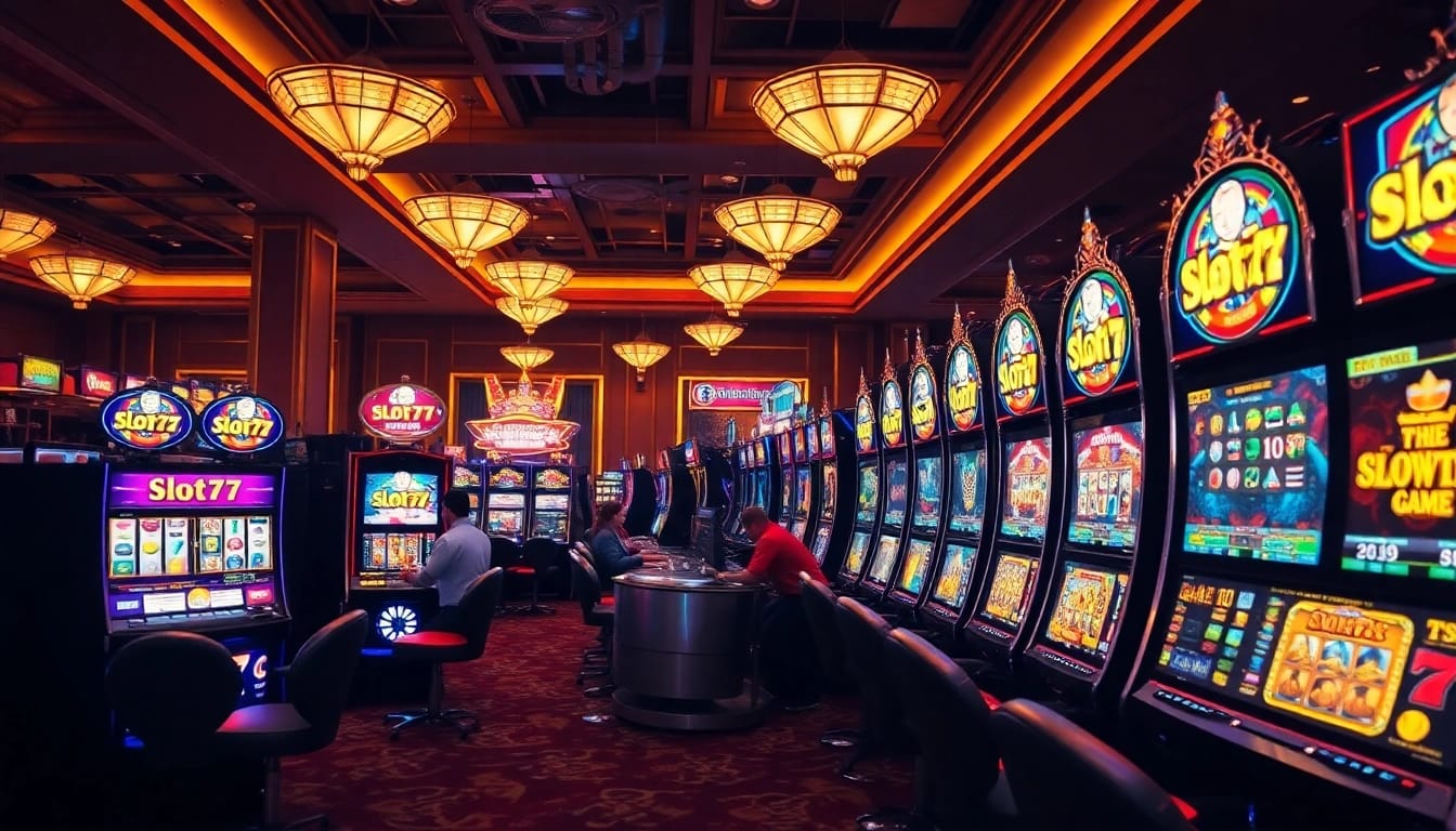 Berbagai mesin Slot77 menarik di kasino modern menampilkan lampu berkilau dan suasana meriah.