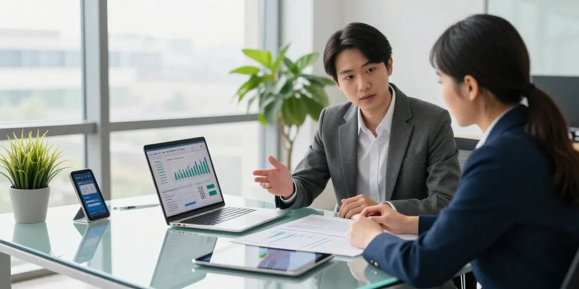 Client consulting on 소액결제현금화 options in a modern financial office with a professional advisor.