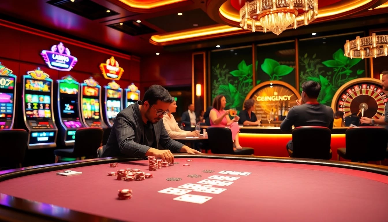 Ressentez l'excitation du casino en ligne Français 2026 avec des joueurs profitant de tables de jeu modernes et de machines à sous vibrantes.