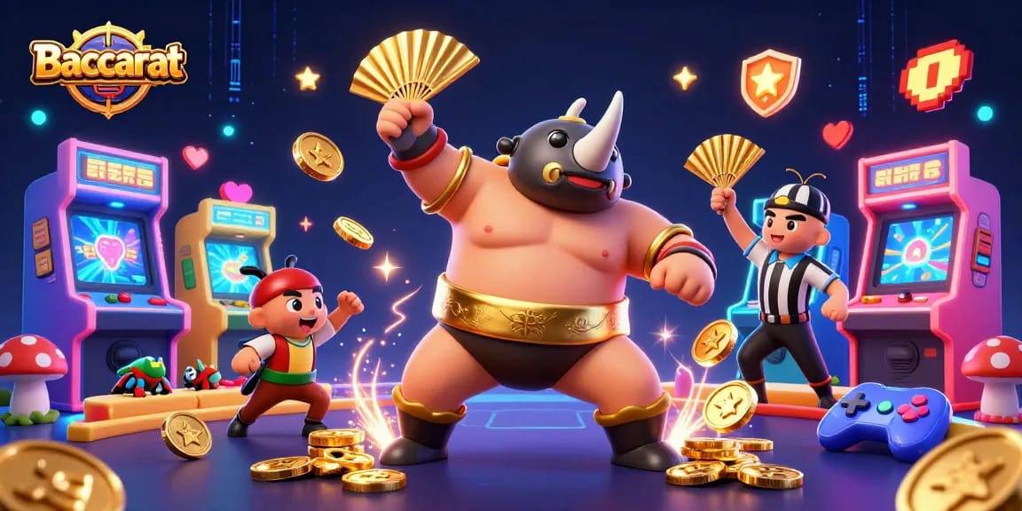 Baccarat players engage with a vibrant casino scene showcasing a sumo rhinoceros beetle champion and colorful game elements.