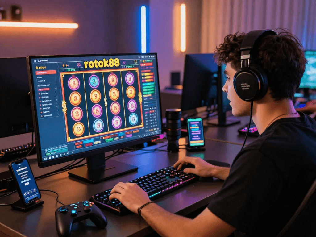 Player immersed in rokok88 slot login on computer, showcasing colorful game interface and modern gaming setup.