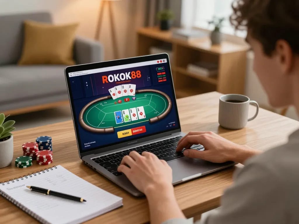 Player navigating ROKOK88 online casino, immersed in gaming strategy and excitement