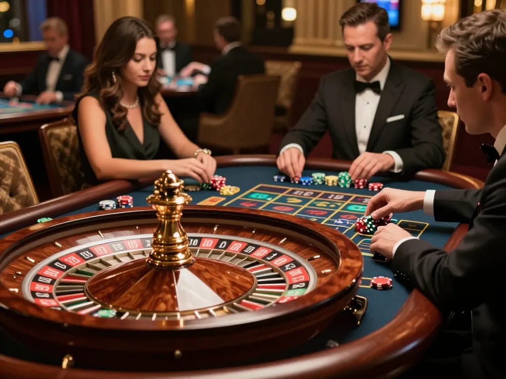 Players engage in thrilling roulette action at a casino with the vibrant number 777 featured on the table.