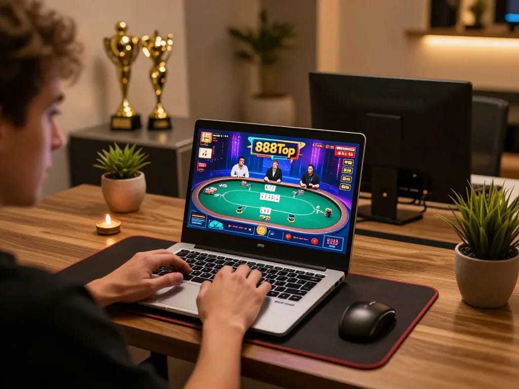 Player engaging with 888top casino games on a stylish laptop setup, showcasing vibrant poker graphics