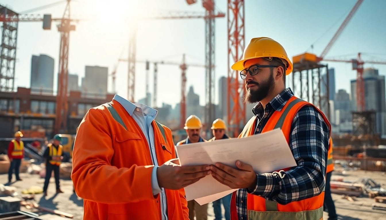 New York City General Contractor engaging with clients at a busy construction site.