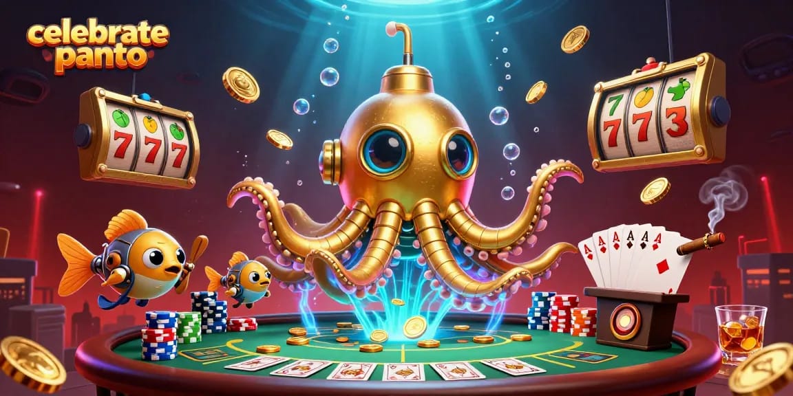 Celebratepanto's vibrant casino scene features an epic golden kraken and dynamic gameplay.