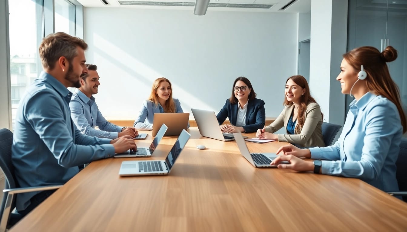 Visualize a digital first warranty company team collaborating on customer solutions in a bright modern office.
