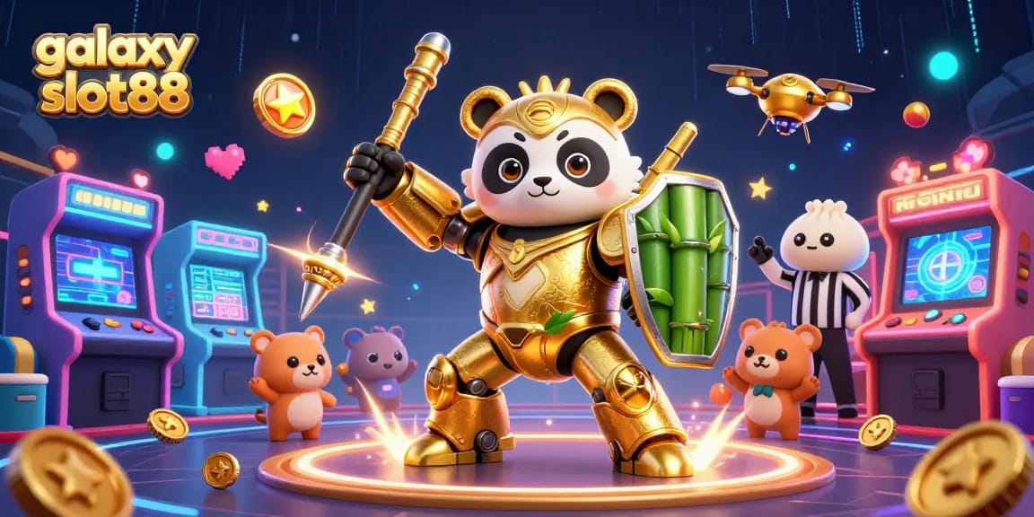 Melihat permainan menarik di galaxy slot88 dengan panda mec-suit dan mesin arcade berwarna.