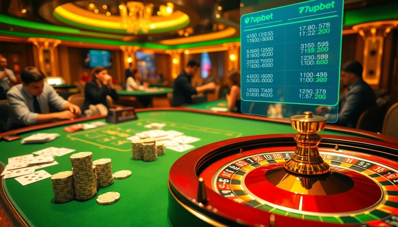 Players engaged in a high-stakes game at a luxurious casino table featuring 7upbet branding.