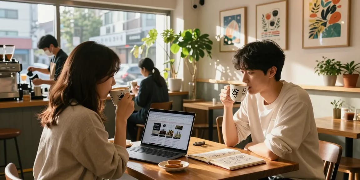 Café scene highlighting local shops and community, featuring coffee mugs and a laptop browsing https://forumup.org/shop/search.php?ca_id=&addr1=&addr2=&addr3=&schKeyword= for insights.