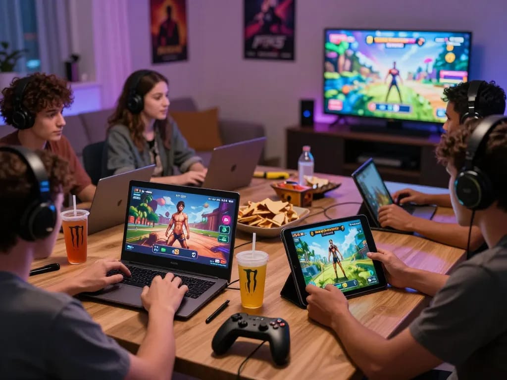 Players immersed in different real porn games in a cozy gaming setup, showcasing diverse genres and devices.