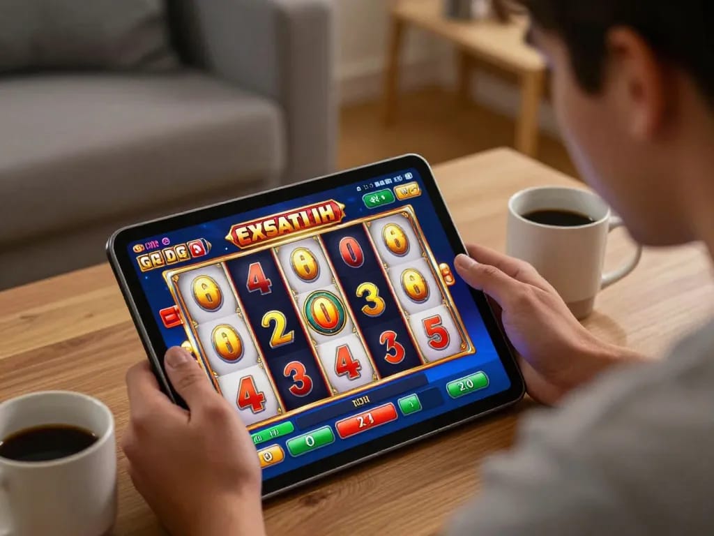 Engaging in a thrilling slot gacor game on a tablet during a cozy home session.