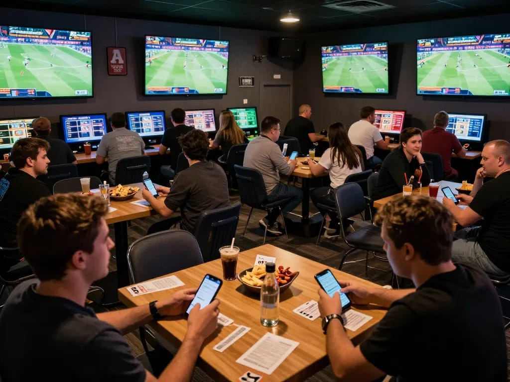 Exciting sports betting scene at trangcacuocbongda with enthusiastic fans placing bets during live games.