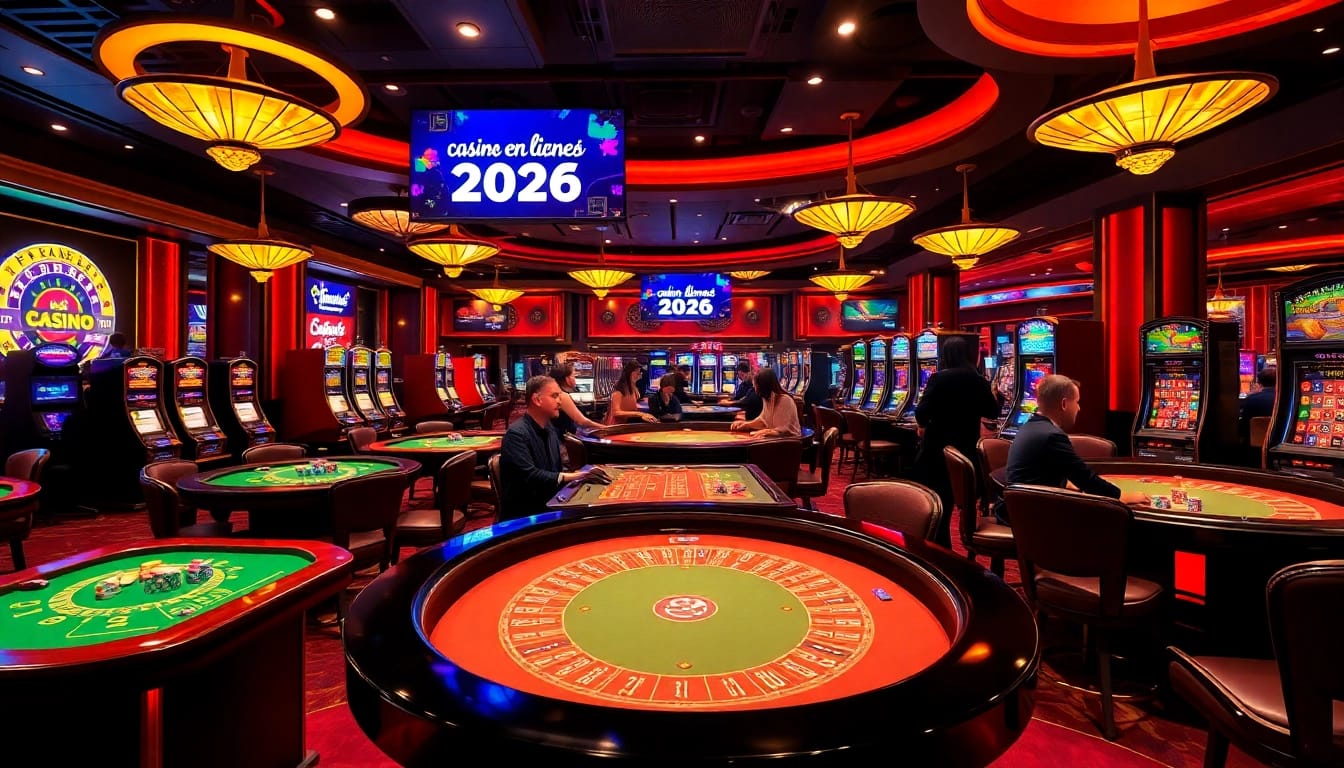 Action de jeu passionnante dans un casino en ligne Français 2026 luxueux avec des tables de roulette et de blackjack.