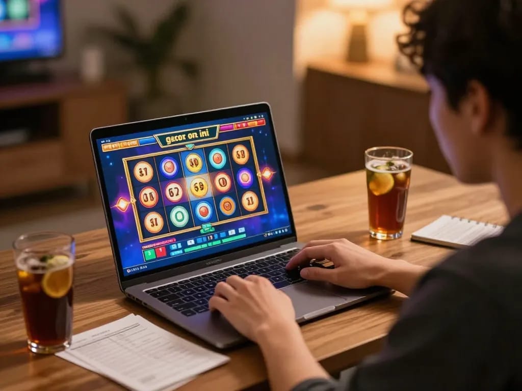Playing slot gacor sore ini online at a home desk with laptop and strategy notes