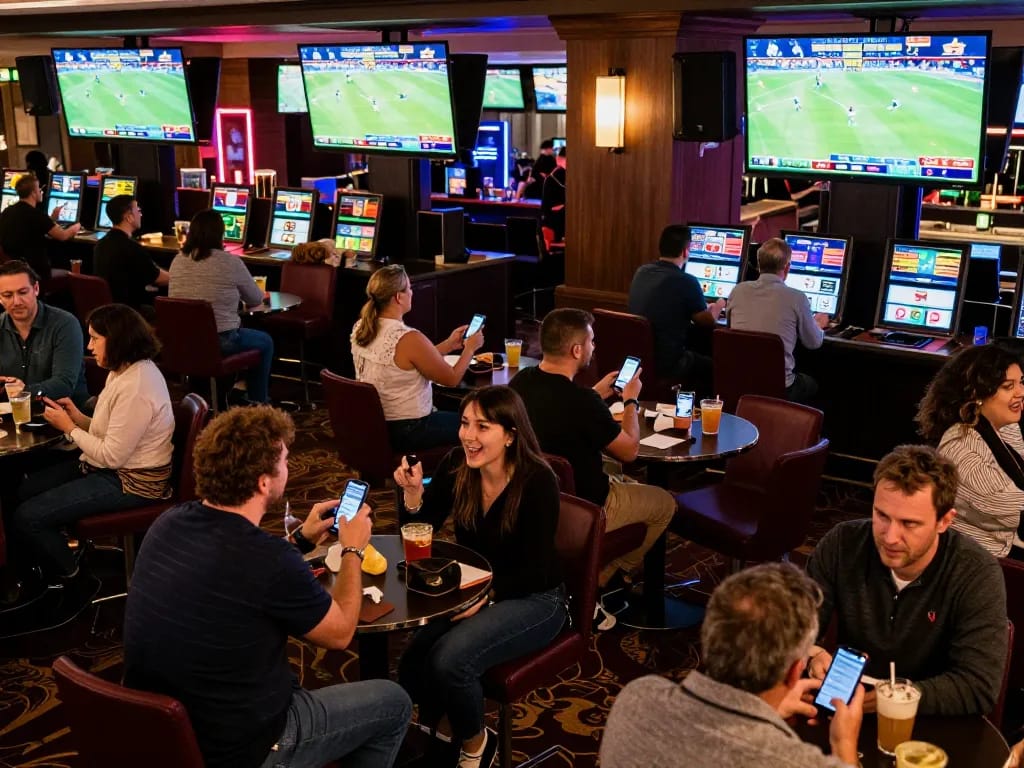 Excited patrons engaging in live sports betting at a lively casino venue showcasing 7m betting options.