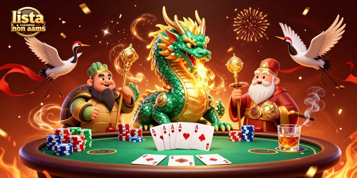 Scopri la lista casino non aams con un drago di giada e simboli di poker in un'illustrazione vibrante.