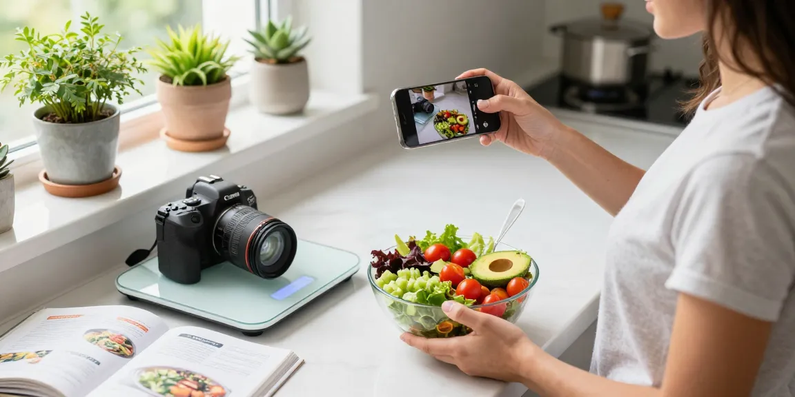 The best calorie tracker app illustrated by a person logging a healthy meal in a bright kitchen.