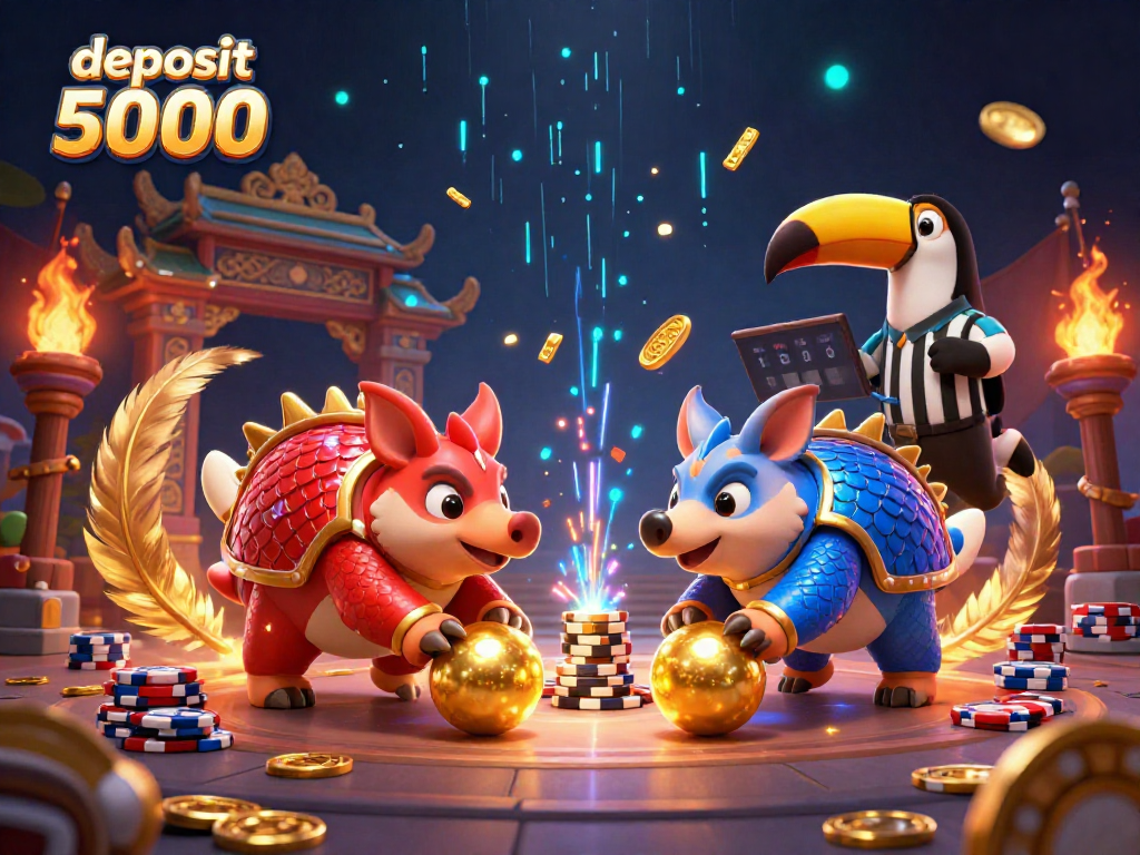 Exciting scene of rival pangolins competing in a vibrant casino atmosphere representing deposit 5000.