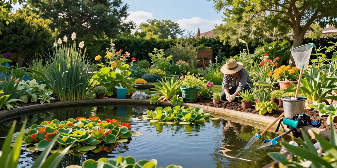 Vibrant marginal pond plants enhance a serene garden pond landscape featuring a gardener nurturing new plants.