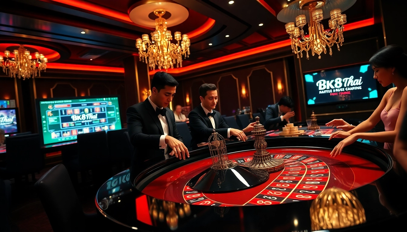 Engaged players enjoying a thrilling bk8thai casino roulette game in a luxury setting.