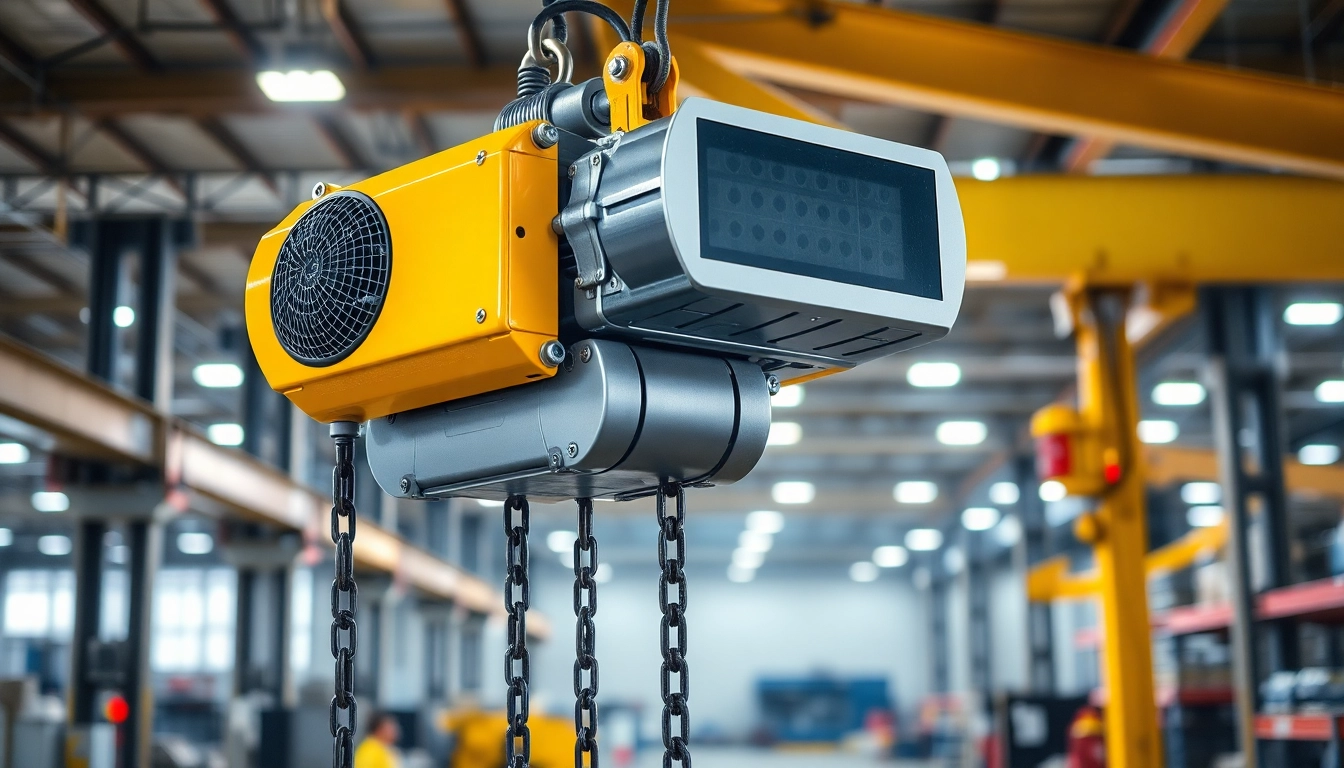 Electric chain hoist crane efficiently lifting heavy loads in an industrial setting.