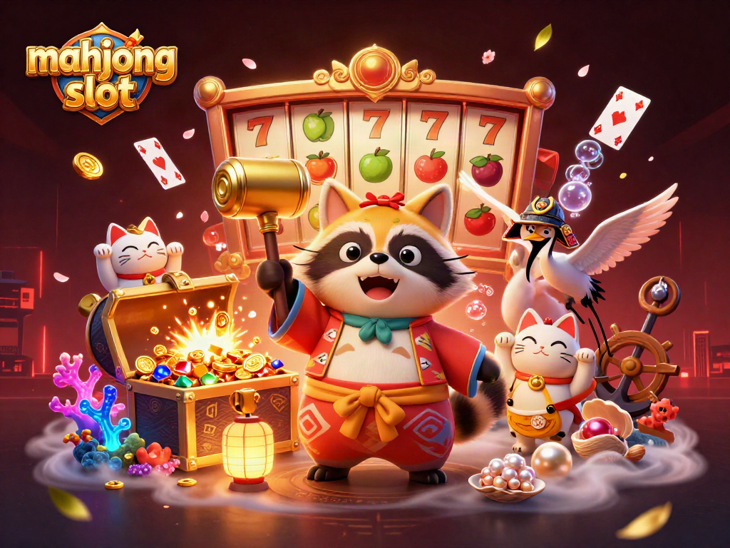 Engage with the mahjong slot adventure featuring a tanuki and lucky symbols.