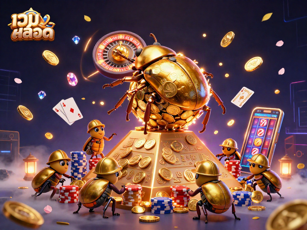 Spin to win big with เว็บสล็อต featuring a golden dung beetle and sparkling casino elements.