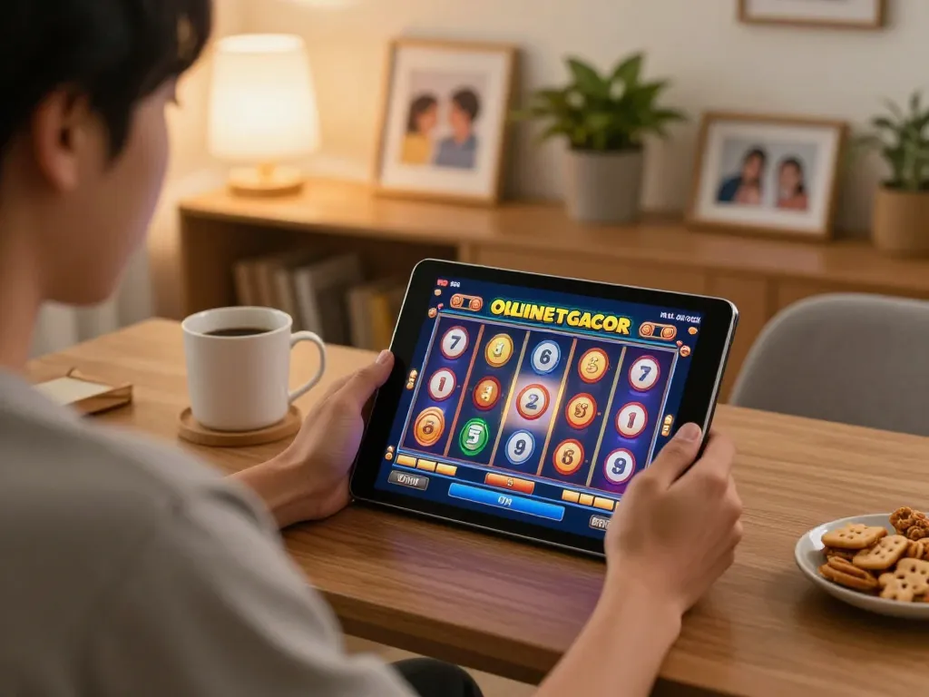 Engaged player enjoying slot gacor on tablet in a cozy home setting.