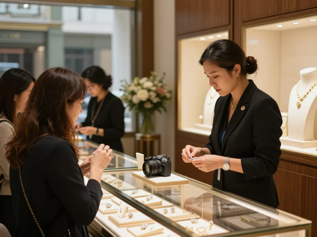 Inviting jewelry store showcasing diverse luxury resources in a warm, elegant atmosphere