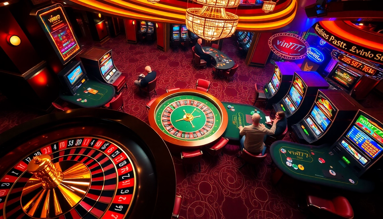 Experience thrilling gameplay at vin777 with colorful slot machines and an elegant roulette wheel.
