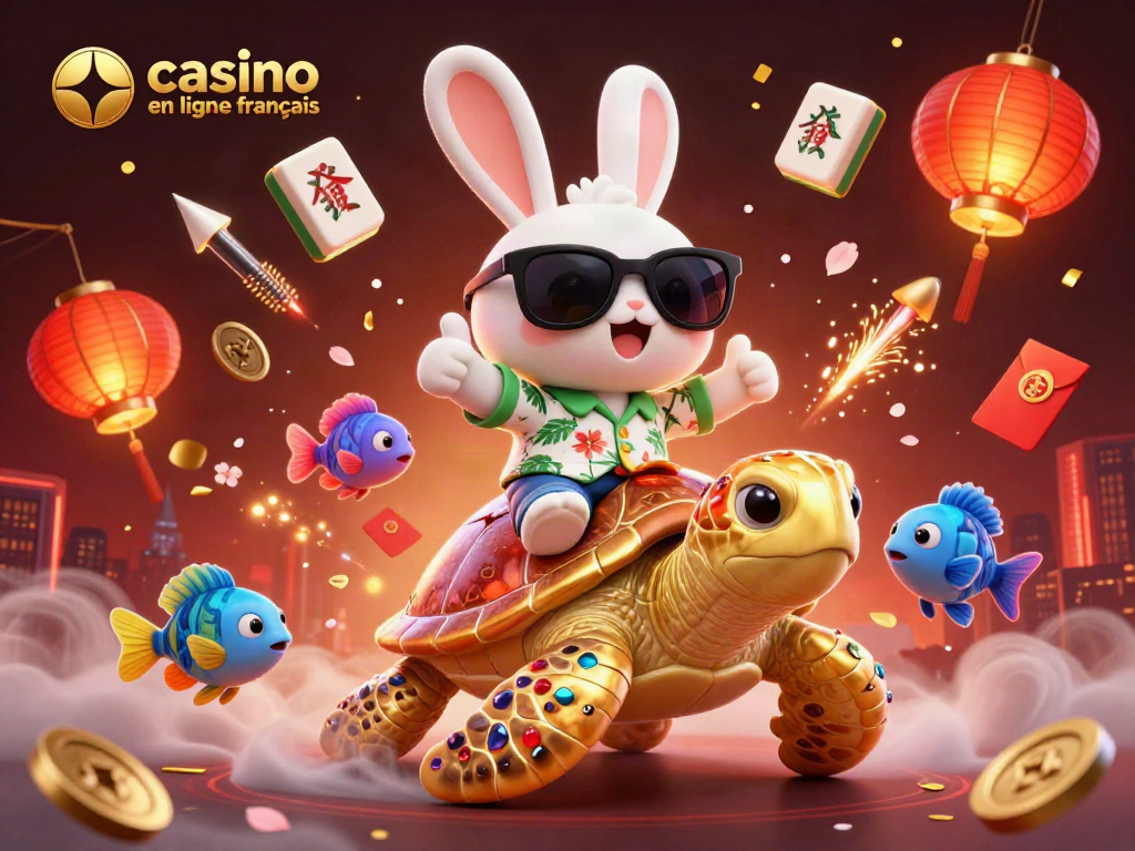 Le casino en ligne francais attire avec un mignon lapin chanceux et une tortue dorée au milieu d'éléments de jeu colorés.