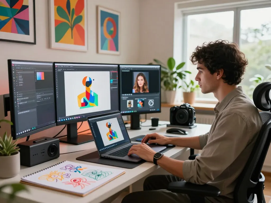 Creative professional utilizing an image to prompt generator in a modern workspace filled with digital art and vibrant ambiance.