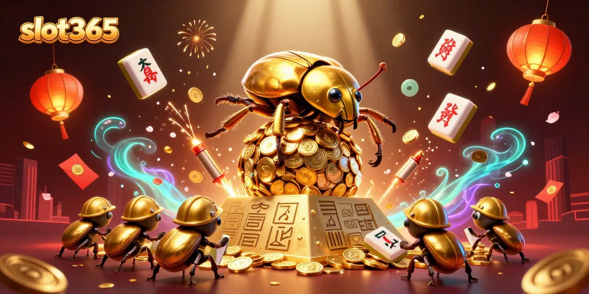 Experience thrilling gameplay with slot365 as golden dung beetles roll coins amidst casino symbols and festive decorations.