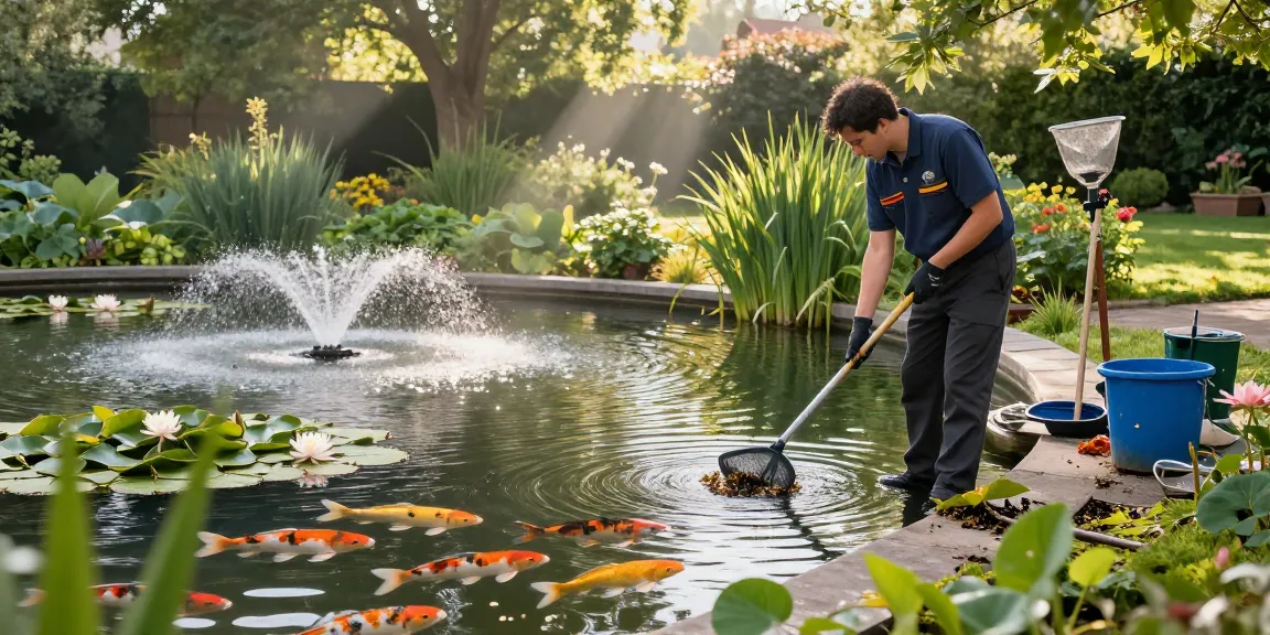 Pond cleaning Essex expert maintaining a beautiful backyard pond with koi and water lilies