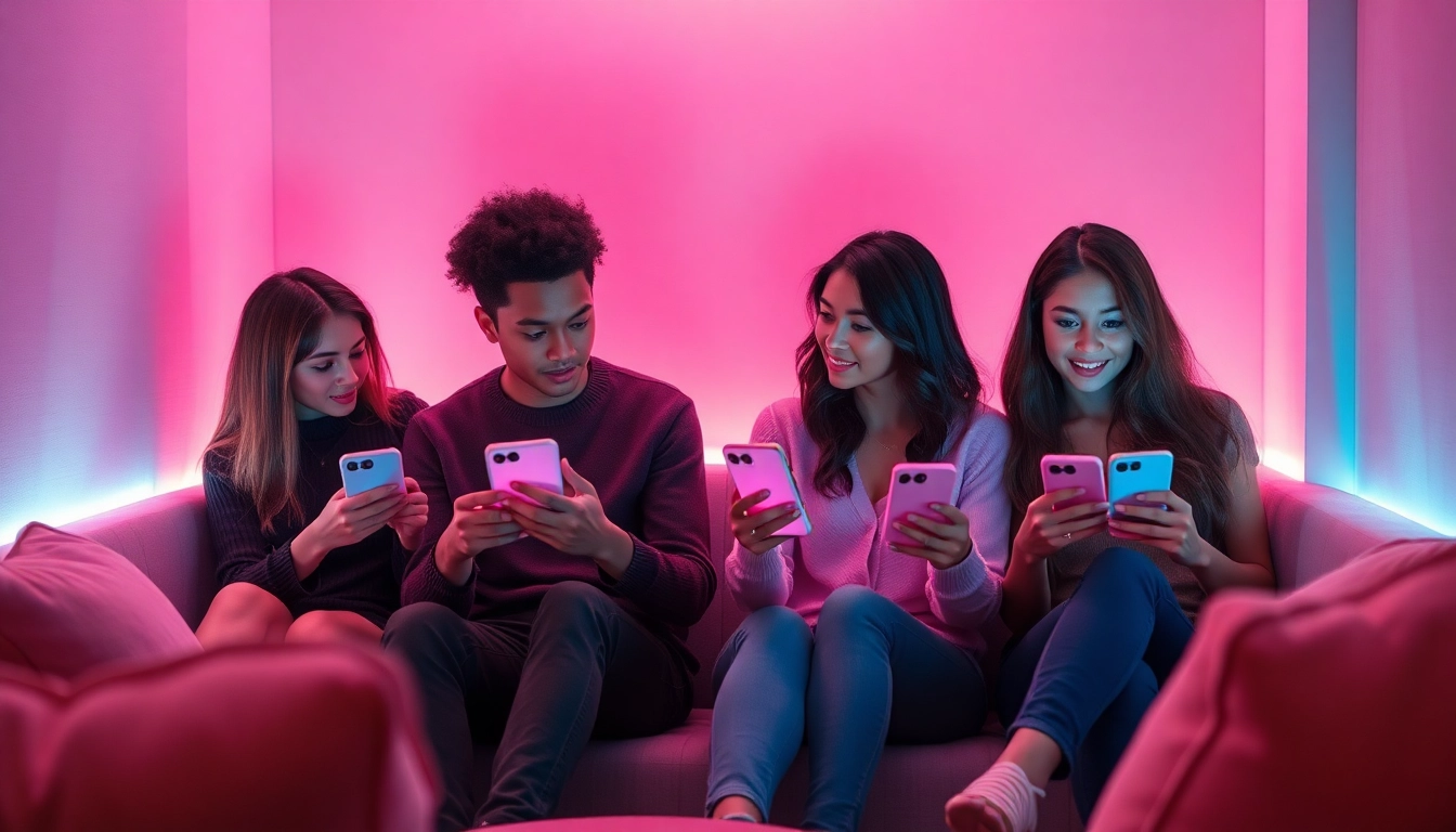 Sexting AI interactions in a cozy, intimate digital communication environment with diverse users.
