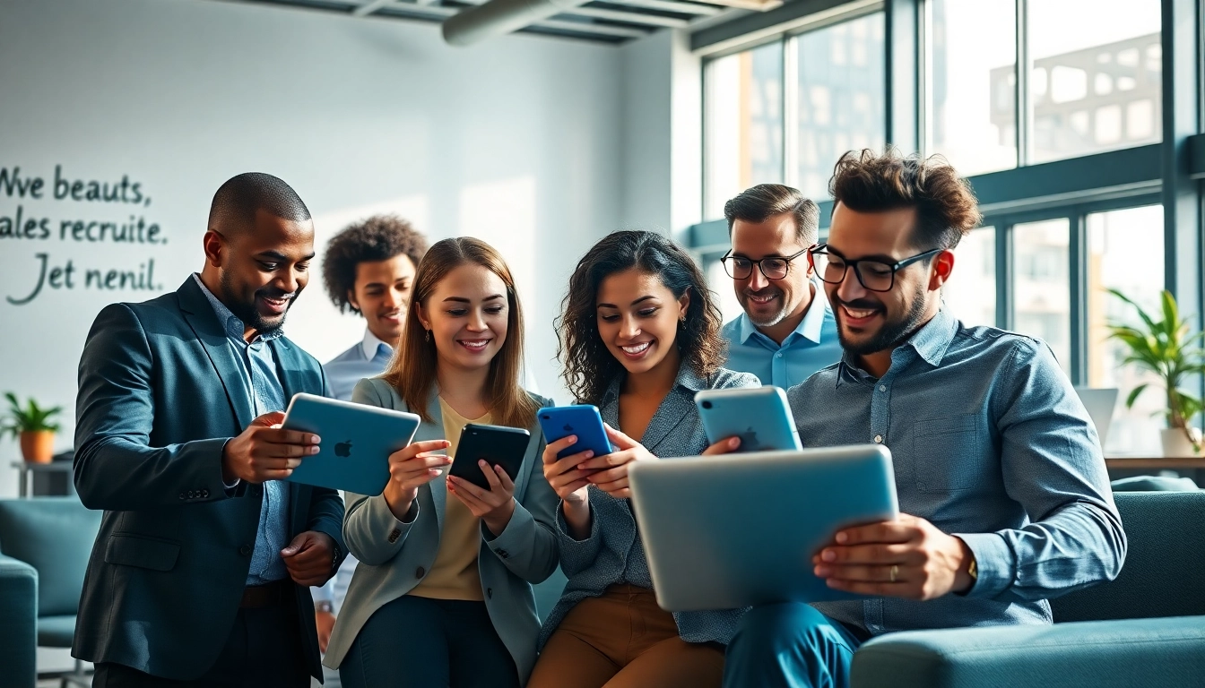Engaging scene of sales recruiting job boards professionals collaborating in a bright office setting.