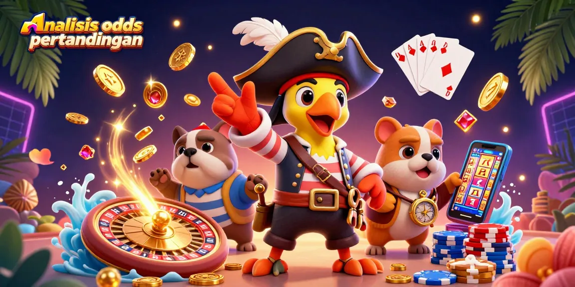Experience the excitement of analisis odds pertandingan with vibrant pirate characters amidst dynamic casino elements.