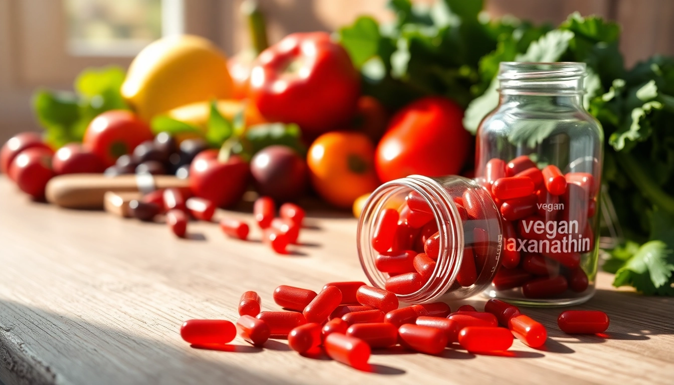 Showcase of vegan astaxanthin supplements next to fresh produce, highlighting health benefits.