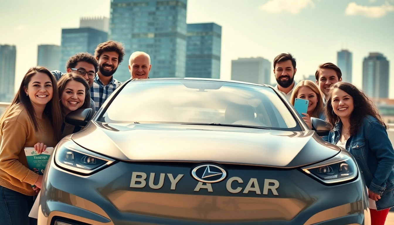 Buy a car with excitement as a diverse group celebrates around a new vehicle in the city.
