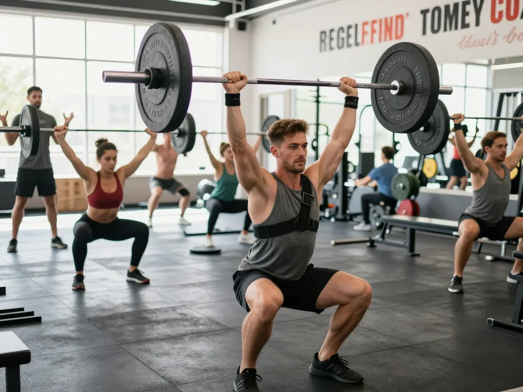 Athletic man using a shoulder brace for weightlifting during a barbell shoulder press in a modern gym.