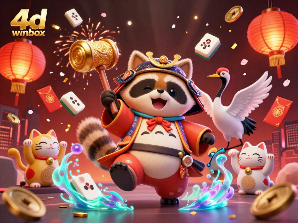 Engage in the thrill of 4d winbox with a vibrant scene of cheerful characters, luck symbols, and colorful gaming elements.