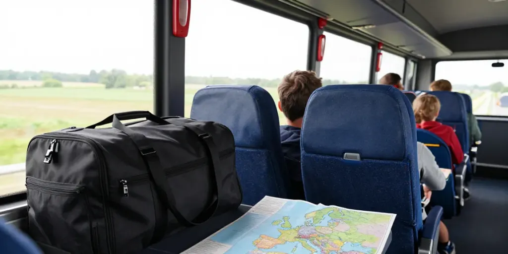 Transport Moldova Olanda - Călător pe autobuz admirând peisajele europene, simbolizând livrarea rapidă și sigură.