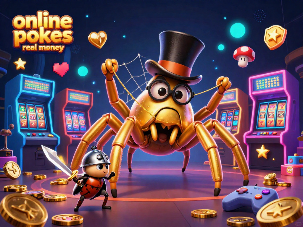 Engage with thrilling online pokies real money experiences in a vibrant casino-themed scene featuring a golden tarantula.